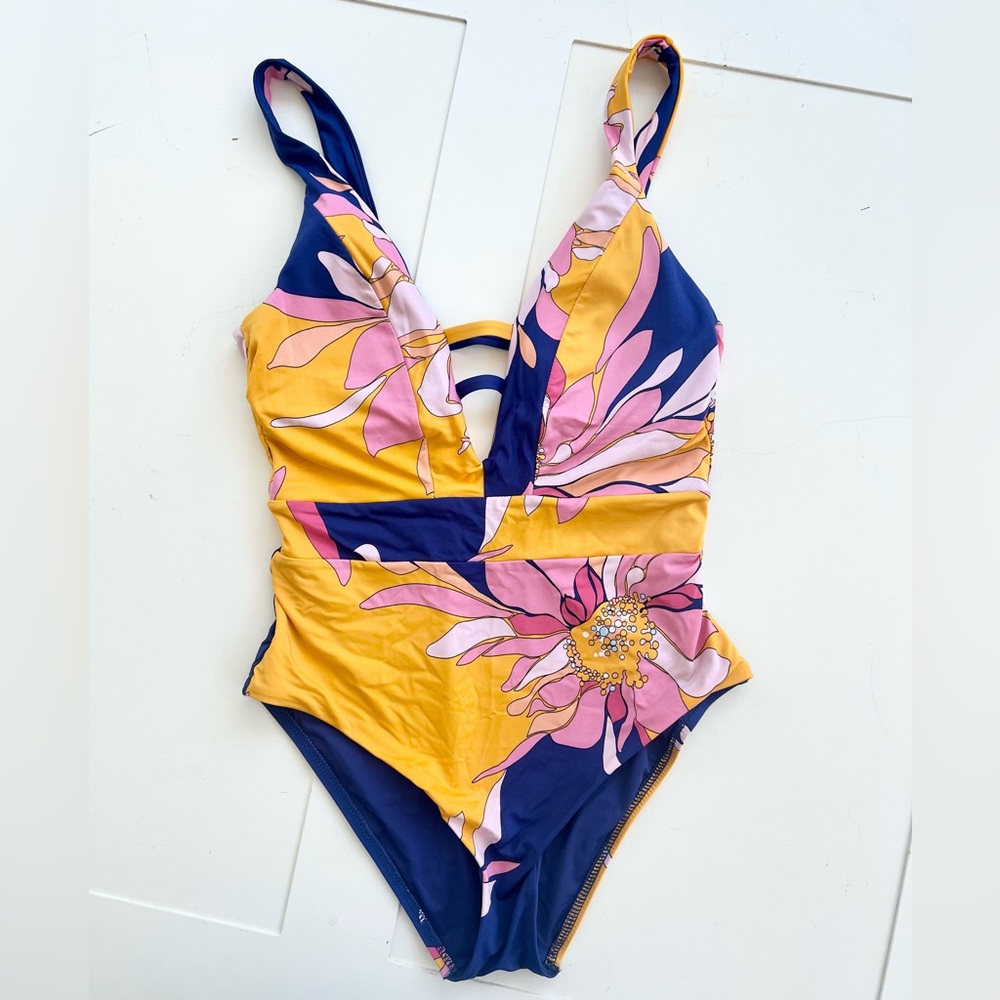 Trina Turk Yellow Pink Navy Floral One-Piece Swimsuit